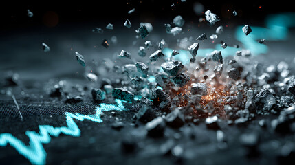Turquoise financial graph with upward arrow shattering into pieces, symbolizing market volatility and economic disruption on blurred background.