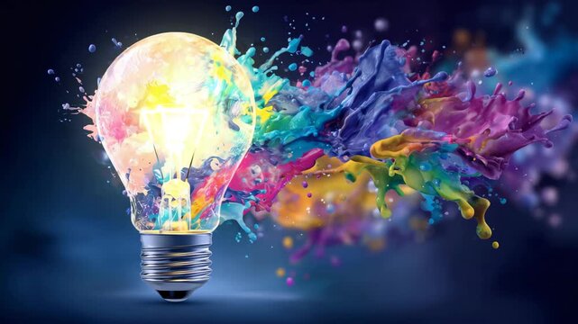 Glowing lightbulb surrounded by vibrant colorful splashes, abstract creative concept illustration representing ideas, innovation, and brainstorming energy for advertising or banner