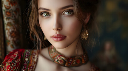 Fototapeta premium Beautiful Ethnic Woman Portrait with Traditional Jewelry, Cinematic Lighting, Close-Up