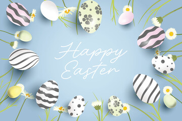 A soft blue Easter background featuring "Happy Easter" in white cursive script, framed by a circular arrangement of patterned 3D eggs (stripes, dots, and waves) and delicate white daisies with yellow 
