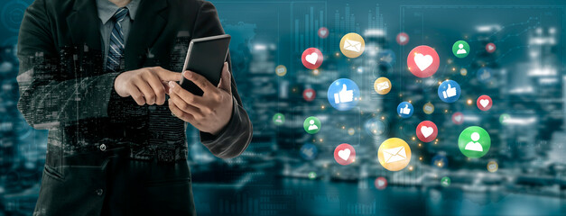 Concept of digital marketing and online communication. A network of user engagement is shown through social media feedback notifications which helps build a strong community. Fermion