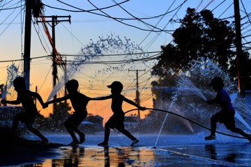 Silhouetted children play joyfully in water sprays against a sunset backdrop, creating a lively and carefree atmosphere.