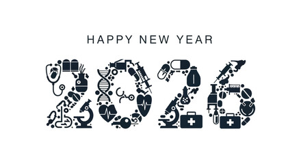A creative depiction of the year 2026 formed from various medical and scientific icons