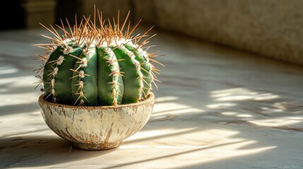 Small, round cactus in a light beige ceramic bowl on a marble surface, sunlit interior scene.