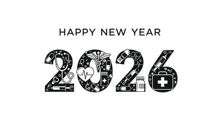 A new year greeting featuring the year 2026 creatively designed with medical symbols and imagery