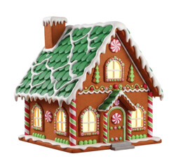 Gingerbread house with candy decorations isolated on transparent background