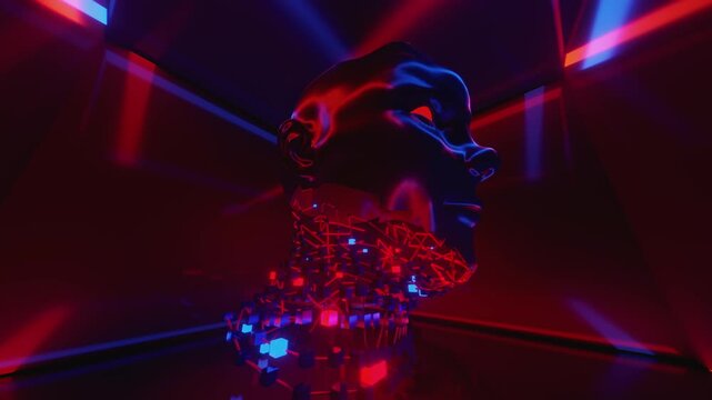 Abstract Human Head VJ Loop, Cyberpunk Face with Neon Red and Blue Lighting for Club Stage Screens