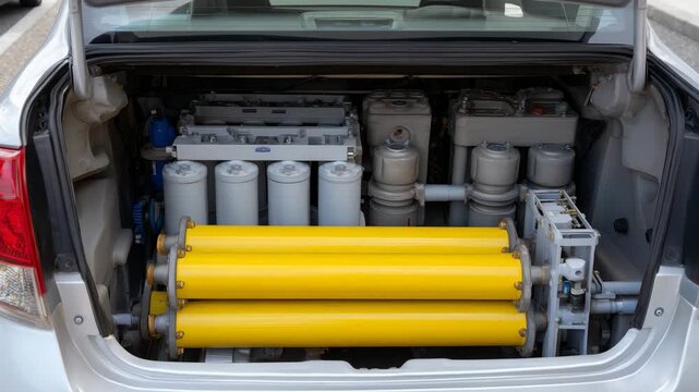 High-detail rear interior view of a car trunk housing a yellow compressed natural gas tank, pipes and regulators visible, highlighting methane-fueled transportation and eco-friendl