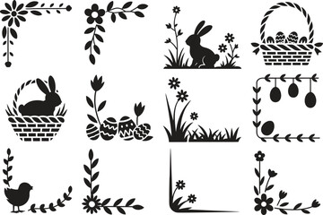 Spring floral frame icon set, decorative nature borders and ornaments, flat black vector illustration isolated on white background