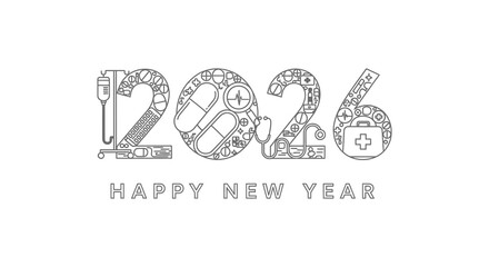 Detailed illustration of the year 2026 formed with medical equipment and a new year greeting