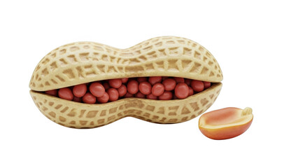 Open peanut shell filled with red peanuts and one separate peanut