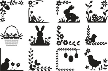 Easter frame icon set, bunny egg and floral decorative borders, flat black vector illustration isolated on white background