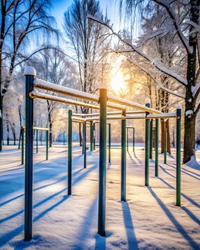 Sunlit Winter Calisthenics Park Covered in Snow