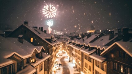 A photo of a city full of lights in Switzerland showing fireworks on New Year's Eve with snowy weather. 