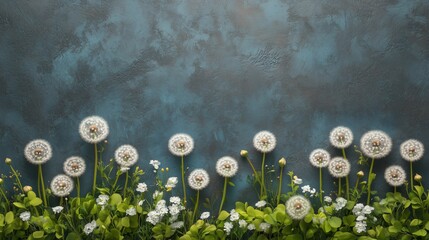 Dandelion seeds and white flowers against a textured blue background.