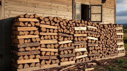 neatly stacked firewood against a rustic wooden farmhouse wall for winter energy blogs, country living websites, cozy home decor articles, and rural lifestyle presentations, with copy space on a natur