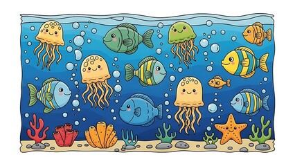 Naklejka premium Charming underwater scene filled with playful cartoon fish, colorful jellyfish, coral, and starfish on a bright blue background