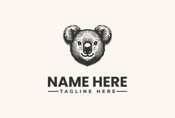 A grayscale illustration of a koala's head with a customizable name and tagline on a plain beige background, featuring a logo and vector icon design. © vectorvovdesign
