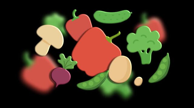 Flying mixed vegetables on black background for dynamic food concept
