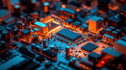 Close-up of illuminated circuit board, intricate details