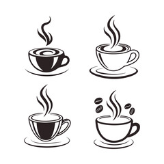 Obraz premium Four stylized coffee cups with steam and coffee beans Keywords: coffee, cups, steam, coffee