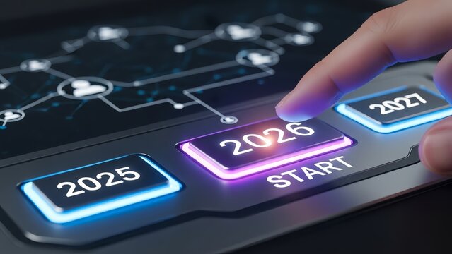 Hand pressing futuristic start button for year 2026 - Powered by Adobe