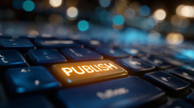 Keyboard in focus, orange Publish button glowing under soft lighting, dark blue key background enhancing contrast, representing content creation, blogging, and online publishing