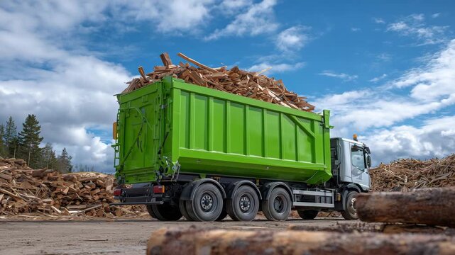 Large green metal skip bin overflowing with wood waste, situated on dusty construction site under bright blue sky with fluffy white clouds, eco-friendly disposal and recycling conc