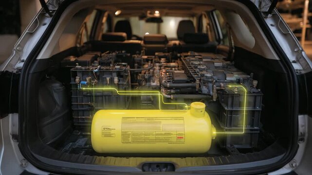 Macro perspective of a yellow compressed natural gas cylinder in a vehicle trunk, with the GNV system components glowing under soft lighting, illustrating eco-conscious and methane
