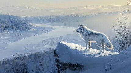 Majestic white wolf atop snowy mountain peak overlooking frozen river valley.