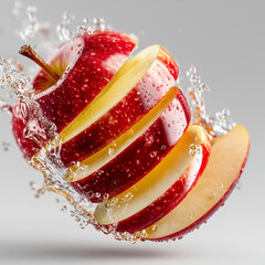 Fresh red apple slices splashing with water isolated on white background