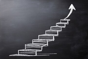 Chalk drawing of ascending stairs with an upward arrow on a dark background, suggesting progress and achievement