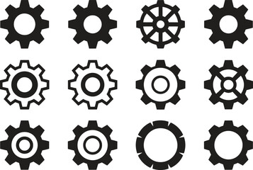 Gear symbol icon set, system configuration and mechanical tools, flat black vector illustration isolated on white background