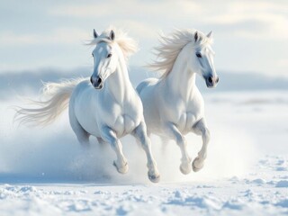 Obraz premium Two majestic white horses galloping side by side through a snowy landscape