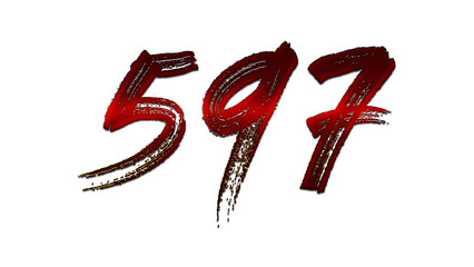 3D blood red number design of 597 on white background.