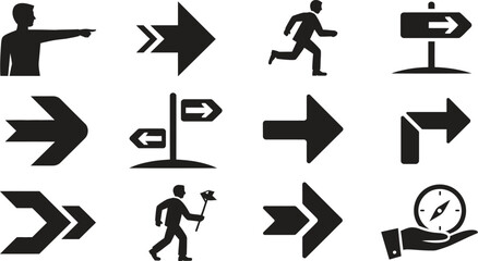 Direction arrow icon set, navigation signs and human movement symbols, flat black vector illustration isolated on white background