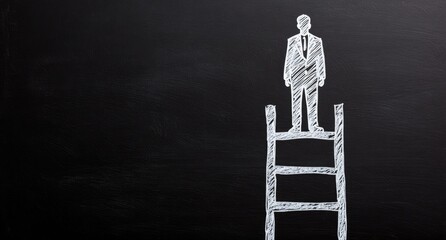 Chalkboard-style drawing shows a figure standing atop a ladder against a dark background, representing success