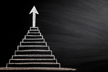 Chalkboard illustration depicting a staircase ascending, culminating in an upward-pointing arrow. The background is a stark black