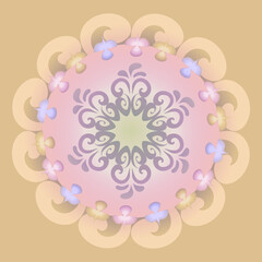 Delicate tones of pink, yellow on a circle with a pattern of swirls and stylized birds.