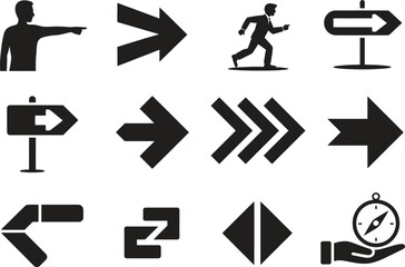 Direction arrow icon set, navigation signs and movement symbols, flat black vector illustration isolated on white background