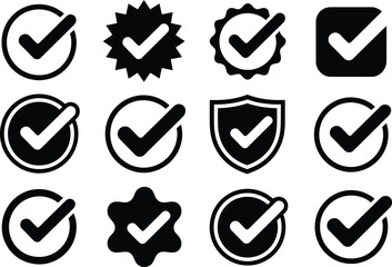 Check mark icon set, approval confirmation and validation symbols, flat black vector illustration isolated on white background