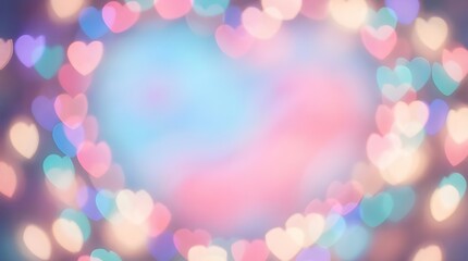 Abstract heart shaped bokeh lights border - soft pastel background, romantic valentines day texture, dreamy light frame, emotional love concept, glittering ethereal glow