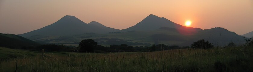 A serene sunset over a mountain range, casting shadows and creating a tranquil atmosphere in the landscape.