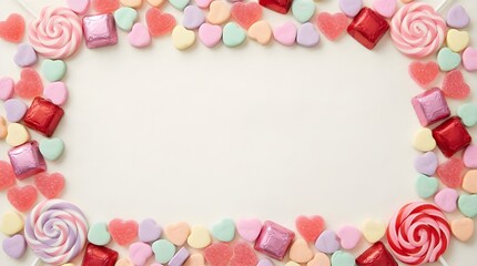 Pastel candy frame with heart sweets, lollipops, and chocolates - Valentine's Day background, sweet food concepts, conversation heart candy, flat lay border, pastel confectionery