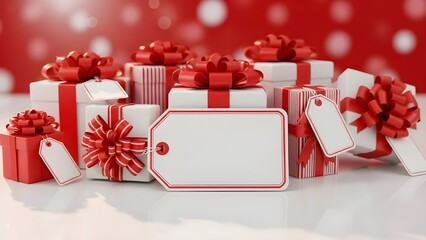 Group of red and white gift boxes with blank tags - Christmas holiday background, Valentine's Day presents, seasonal shopping sale, festive gift packaging