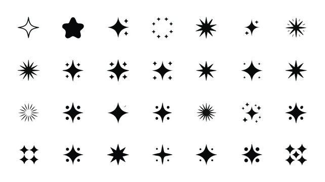 A collection of 25 black star and sparkle icons arranged in a 5x5 grid on a white background.  