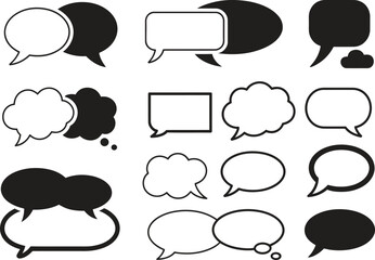 Speech bubble icon set, chat message and communication symbols, flat black vector illustration isolated on white background