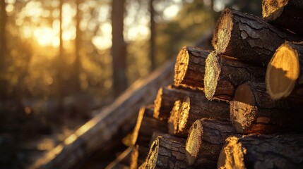 Stacked firewood logs in a forest at sunset. Sunlight filters through the trees.