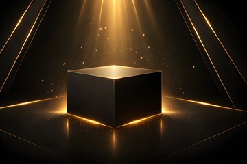 Luxury black cube pedestal with golden light accent cinematic abstract vector background 