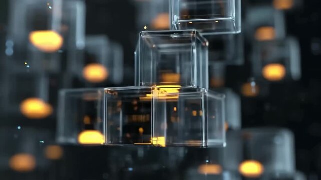 Glowing spheres moving through a structure of rotating glass cubes on a dark background